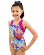 Front of Art in Motion Blue gymnastics leotard on a gymnast.