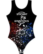 Straight A's Splatter T-back Gymnastics Leotard - Front - Black/Red/White/Blue