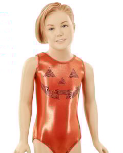 Jack-O-Lantern Gymnastics Halloween Leotard - Orange and Black - Front