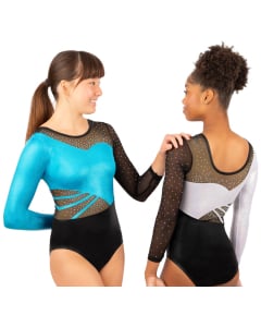 Kinlee Gymnastics Competition Leotard - Black/Silver/Turquoise - Both Colorways
