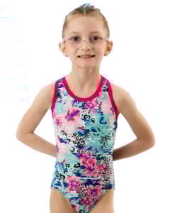 Rainforest Retreat Gymnastics Practice Leotard - Front - blue and pink tropical design