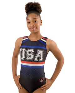 Retro USA Sublimated Gymnastics Leotard - Front - Black, Blue, Red, White