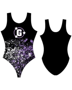 Gymsport Splatter Exclusive Gymnastics Leotard - Black with purple and white