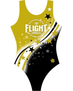 Top Flight Gymnastics Stars T-back Gymnastics Leotard - Front - Black/Gold