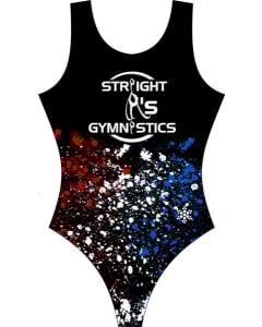 Straight A's Splatter T-back Gymnastics Leotard - Front - Black/Red/White/Blue