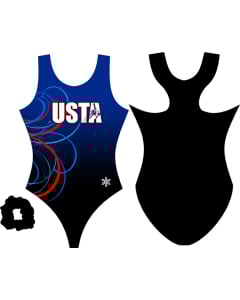 USTA T&T Sublimated Swirls T-back Leotard - Black and Blue
