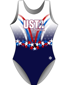 USTA FL Anthem Custom Gymnastics Leotard - Front-Blue/White/Red