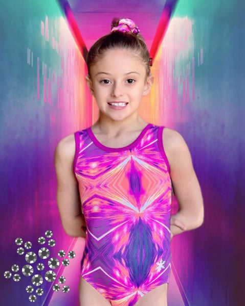 unleashed purple and orange gymnastics leotard