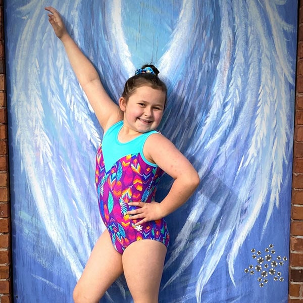purple feathers gymnastics leotard