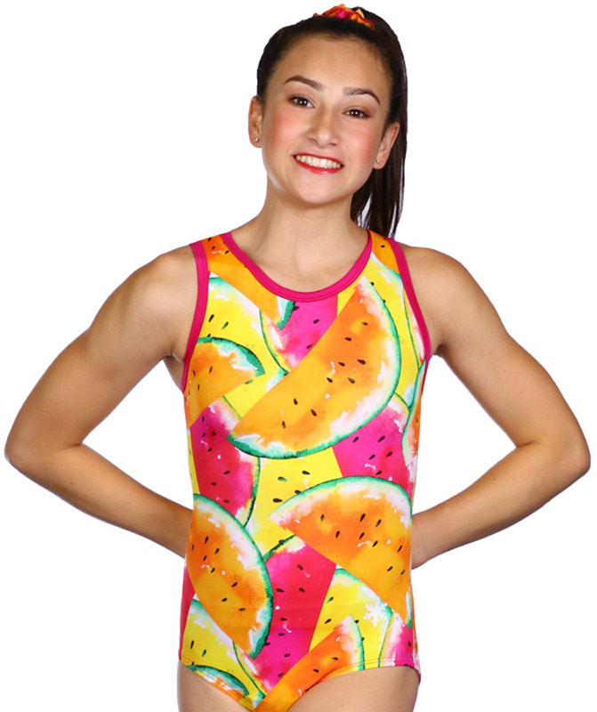 A gymnast in a watermelon gymnastic leotard.